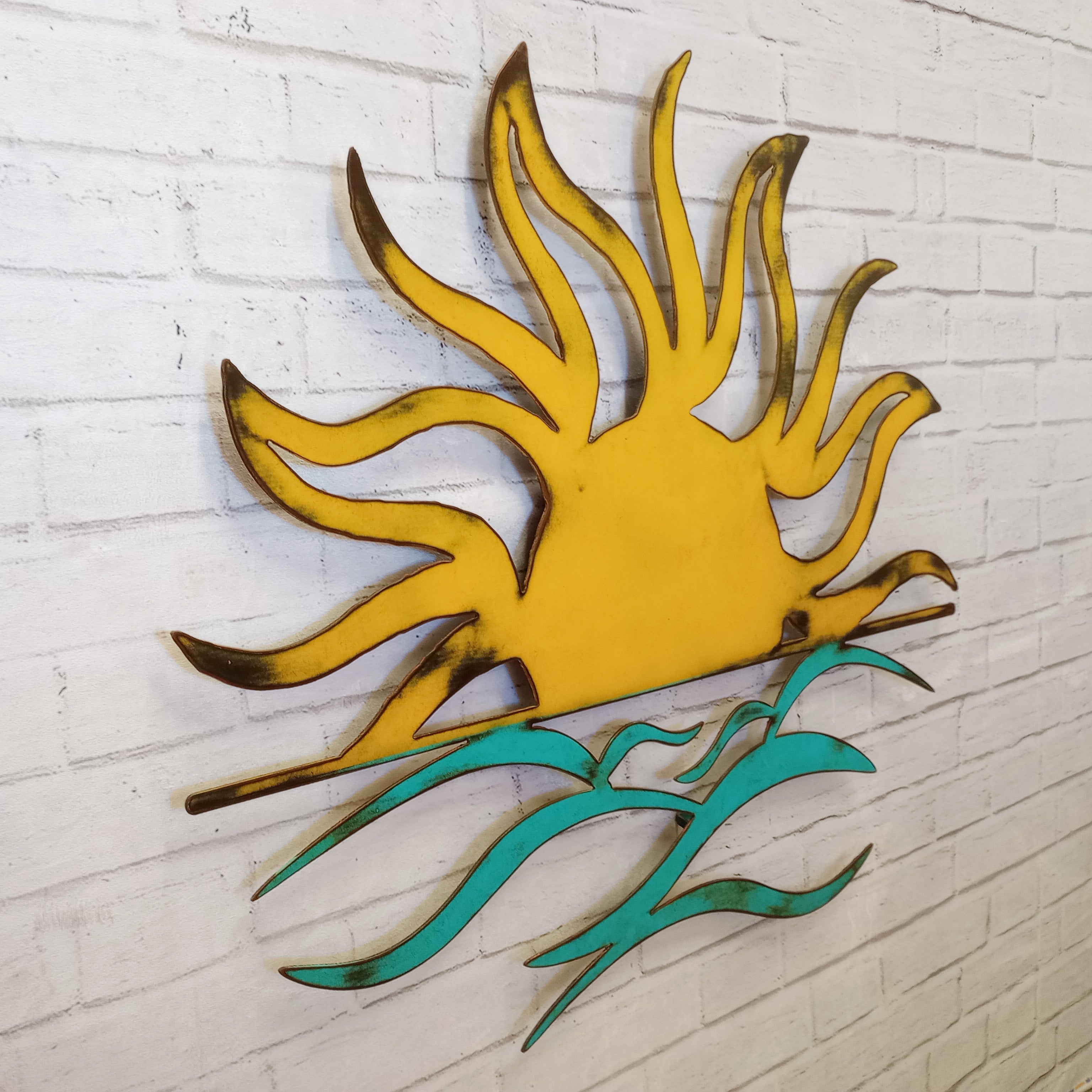 Sun and Waves - Metal Wall Art Home Decor - Handmade in the USA - Choose 36" or 30", Choose your Patina Color - Free Ship