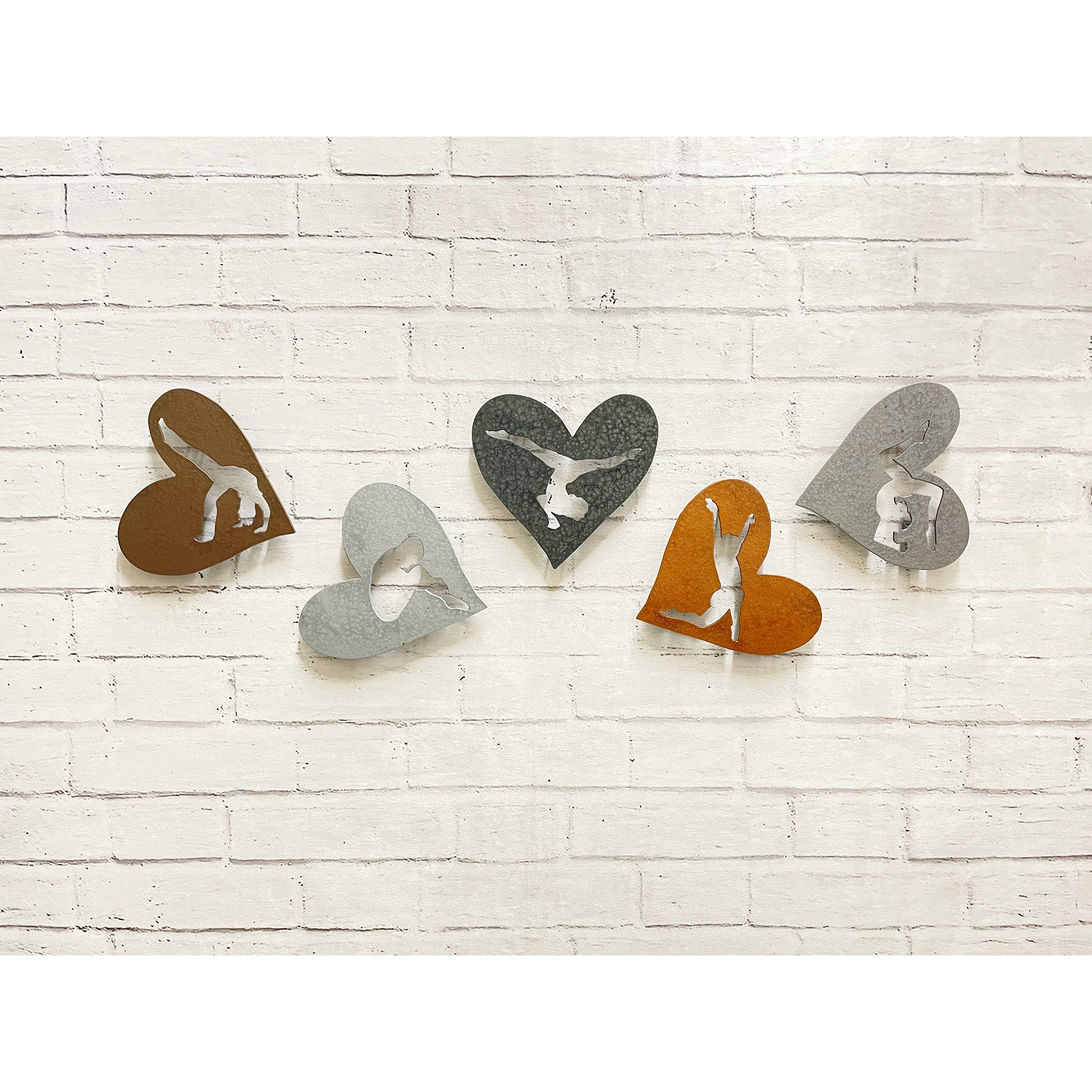 Five (5) Hearts with Gymnast Cutouts - Metal Wall Art Home Decor - Handmade in the USA - 6.5" wide - Choose your Patina Color - Free Ship