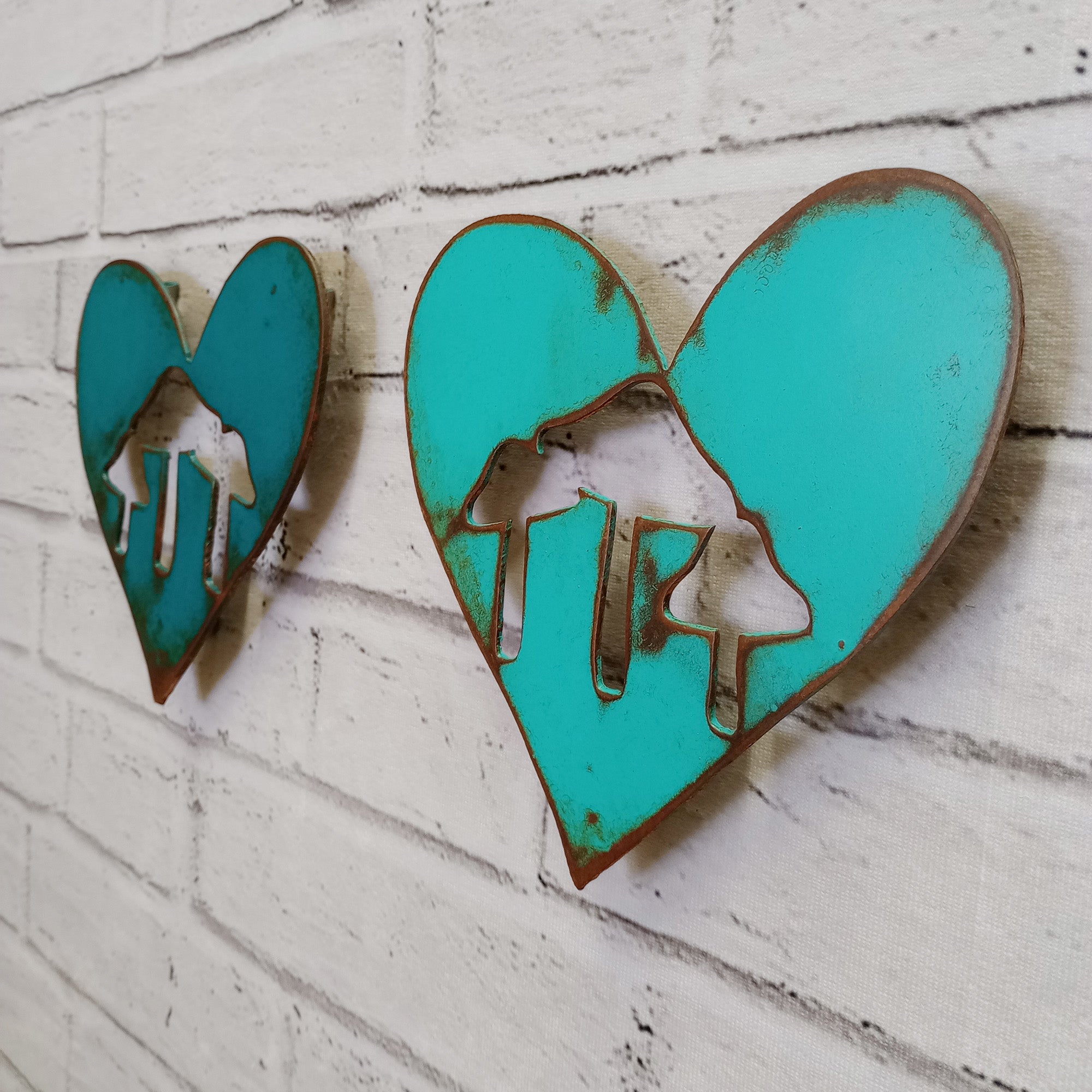 Two (2) Hearts with Mushroom Cutouts - Metal Wall Art Home Decor - Handmade in the USA - 6.5" wide - Choose your Patina Color - Free Ship