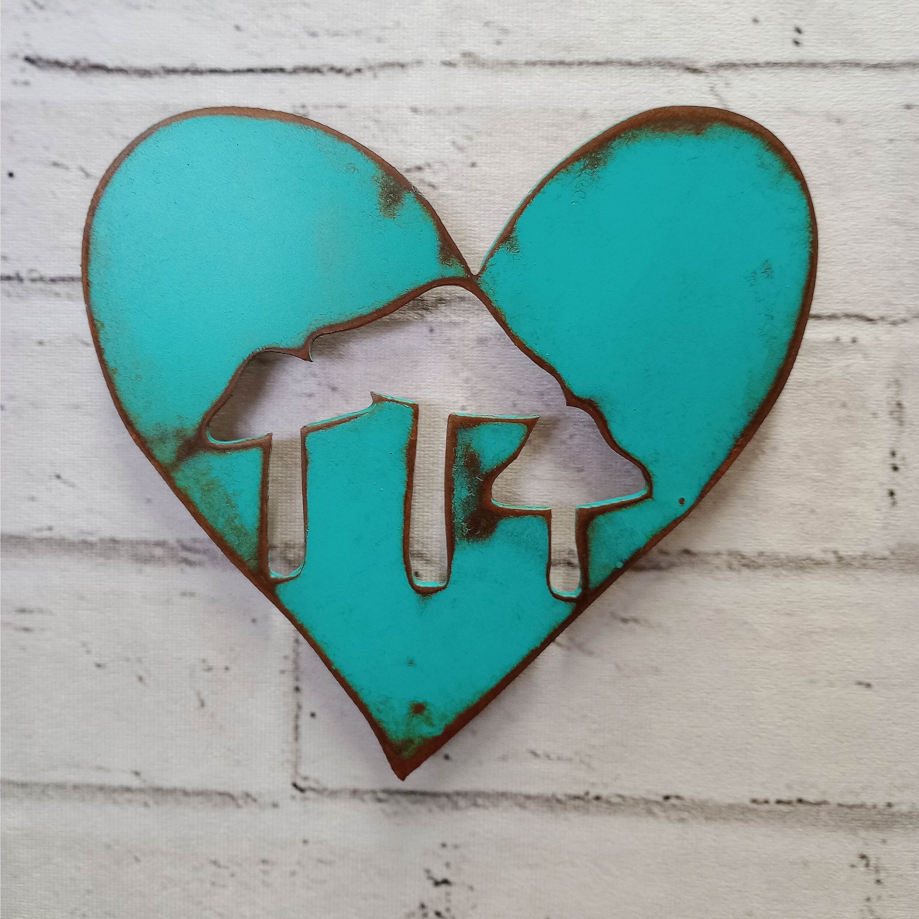 Two (2) Hearts with Mushroom Cutouts - Metal Wall Art Home Decor - Handmade in the USA - 6.5" wide - Choose your Patina Color - Free Ship