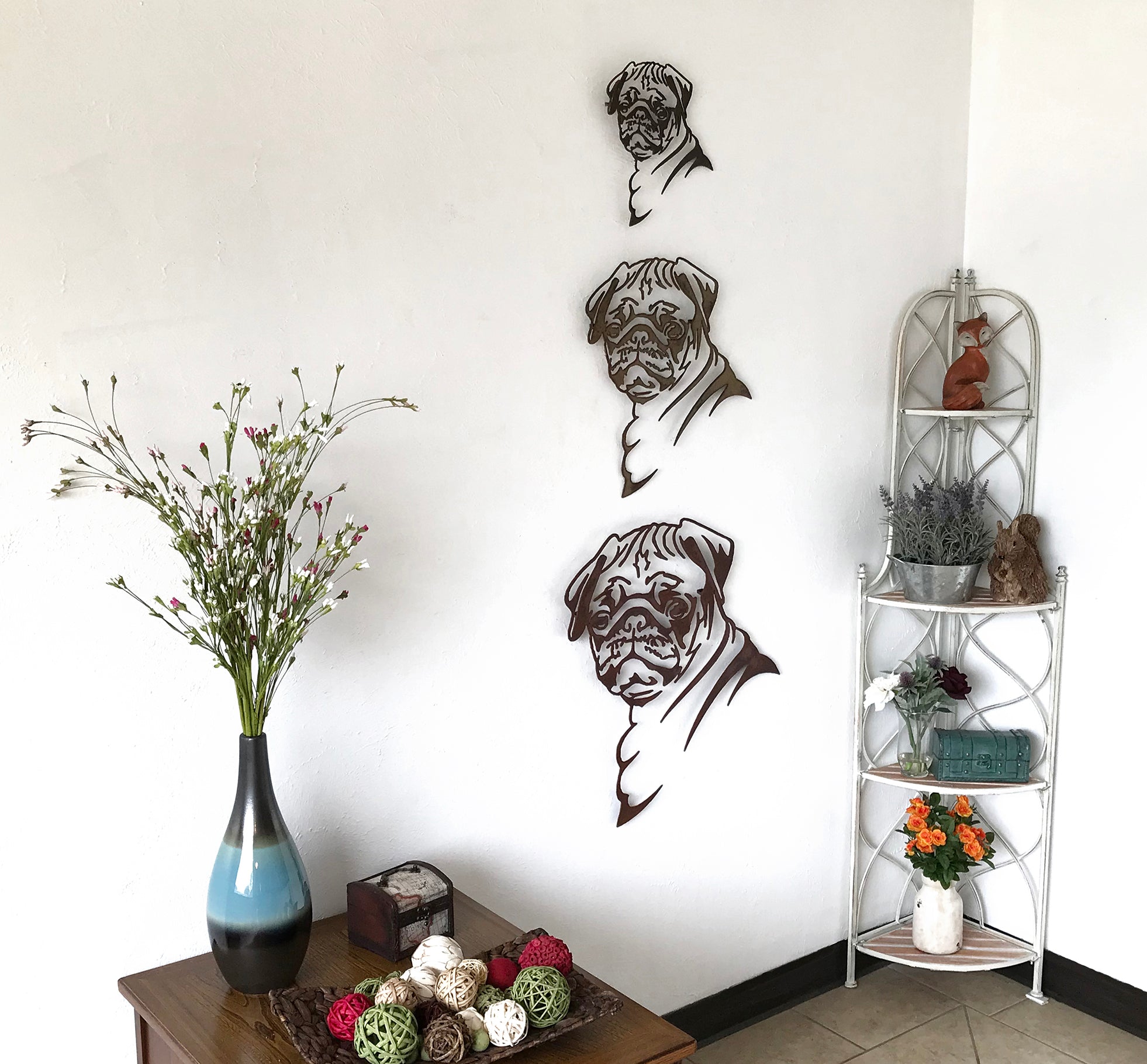 Pug - Metal Wall Art Home Decor - Handmade in the USA - Choose 17" or 23" Tall - Choose your Patina Color - Free Ship