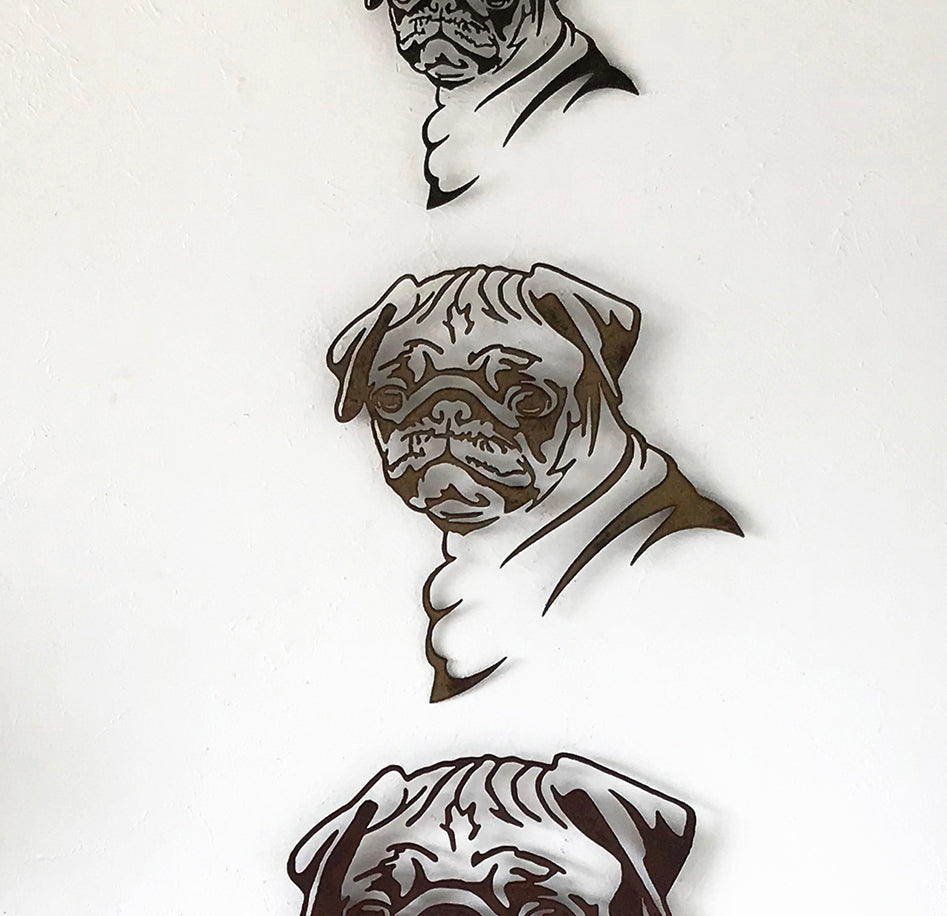 Pug - Metal Wall Art Home Decor - Handmade in the USA - Choose 17" or 23" Tall - Choose your Patina Color - Free Ship