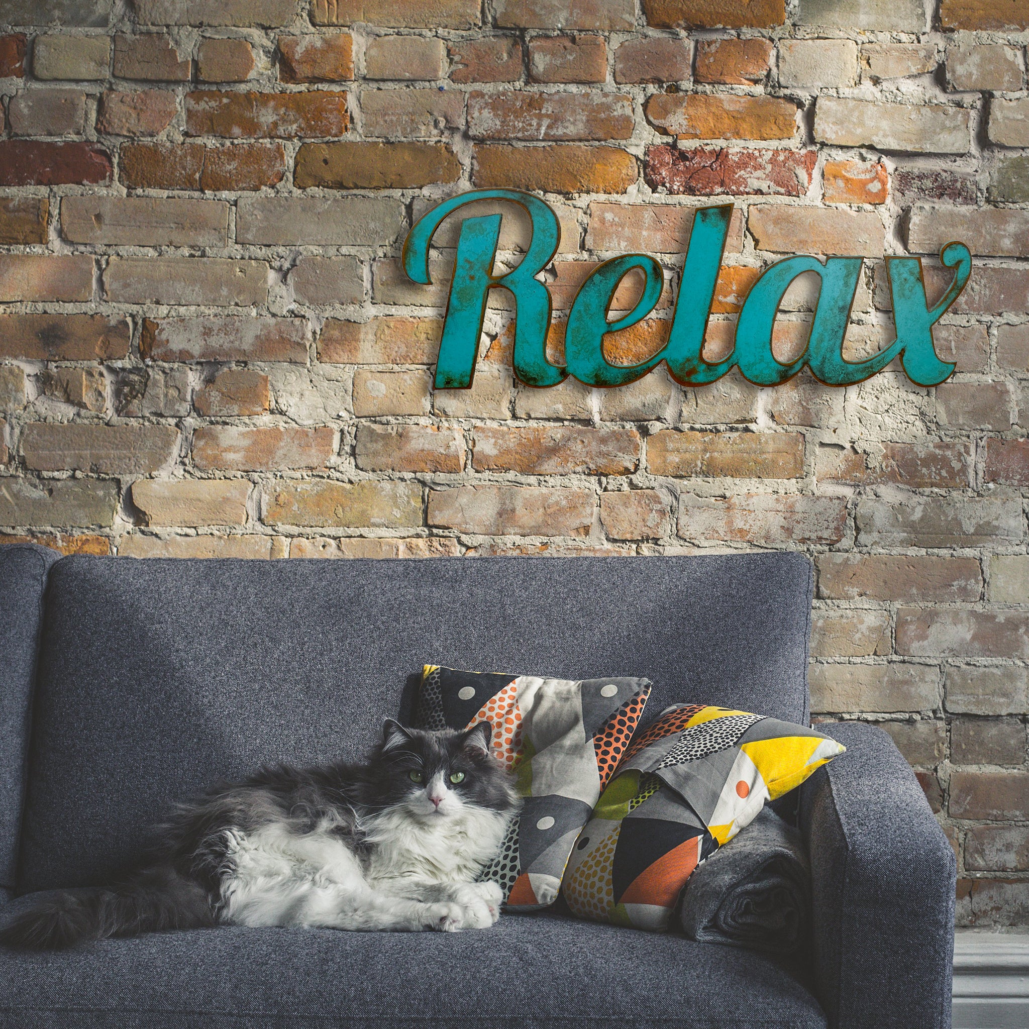 Relax Sign - Lobster Font Metal Wall Art Home Decor - Handmade in the USA - Choose 17", 23" or 30" Wide - Choose a Patina Color - Free Ship
