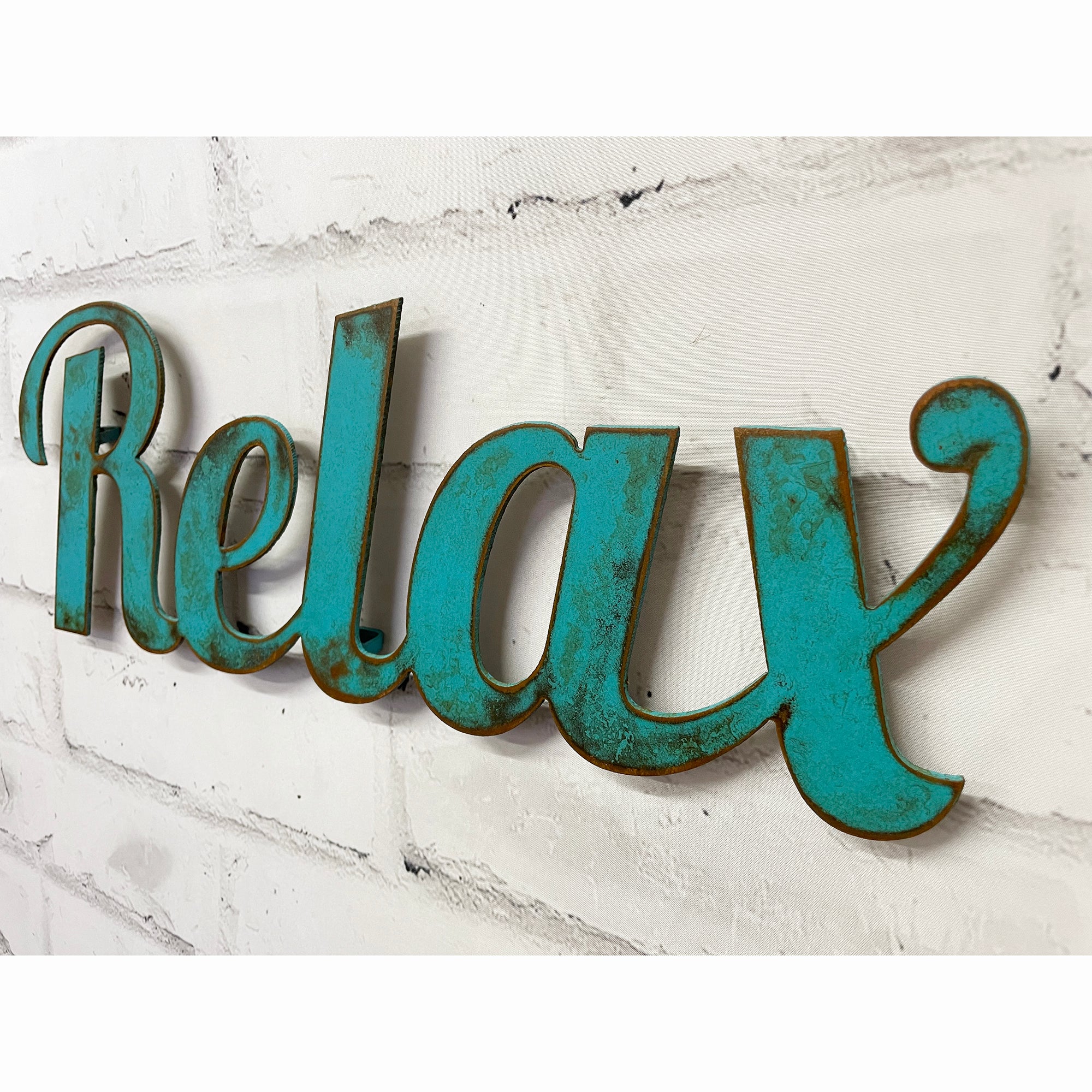 Relax Sign - Lobster Font Metal Wall Art Home Decor - Handmade in the USA - Choose 17", 23" or 30" Wide - Choose a Patina Color - Free Ship