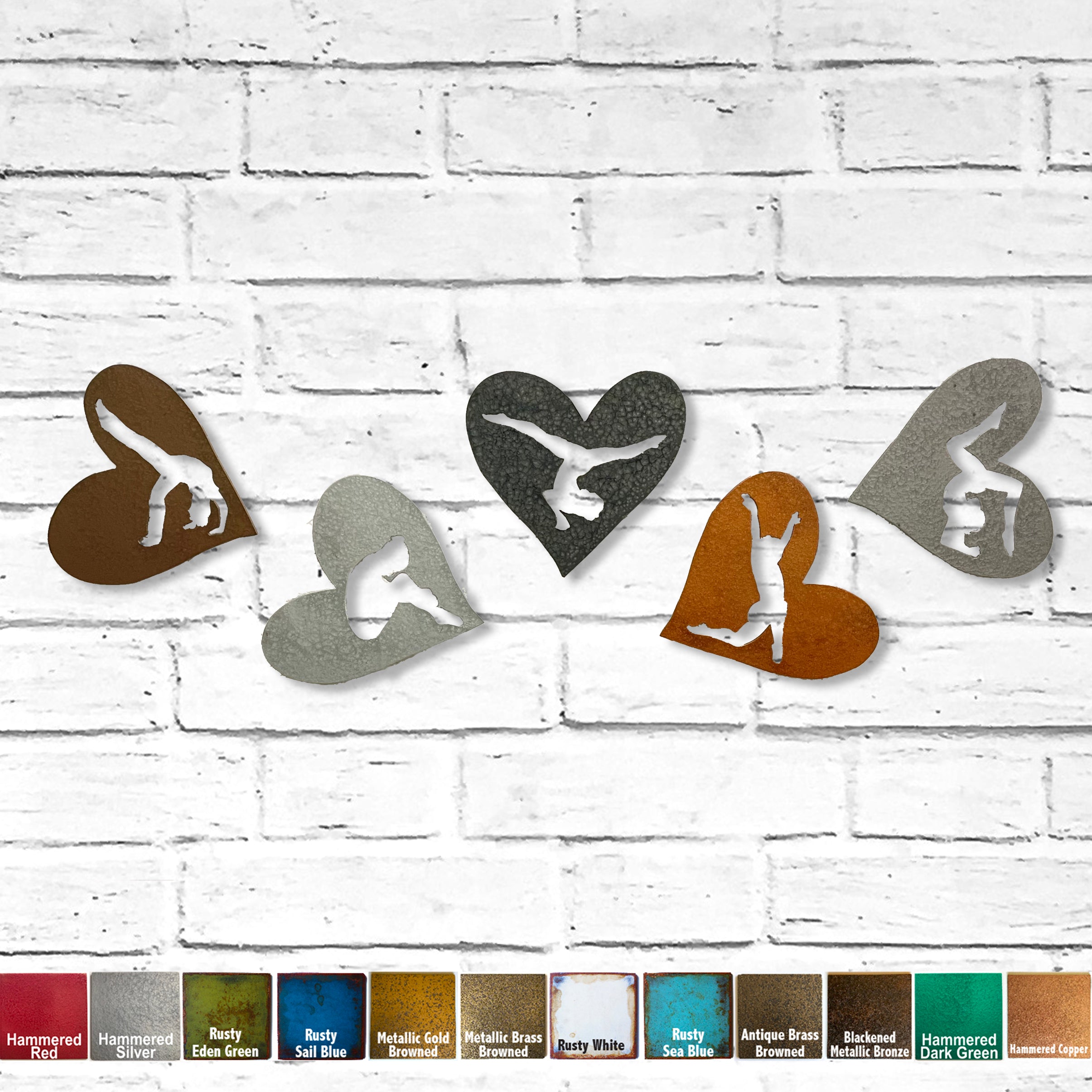Five (5) Hearts with Gymnast Cutouts - Metal Wall Art Home Decor - Handmade in the USA - 6.5" wide - Choose your Patina Color - Free Ship