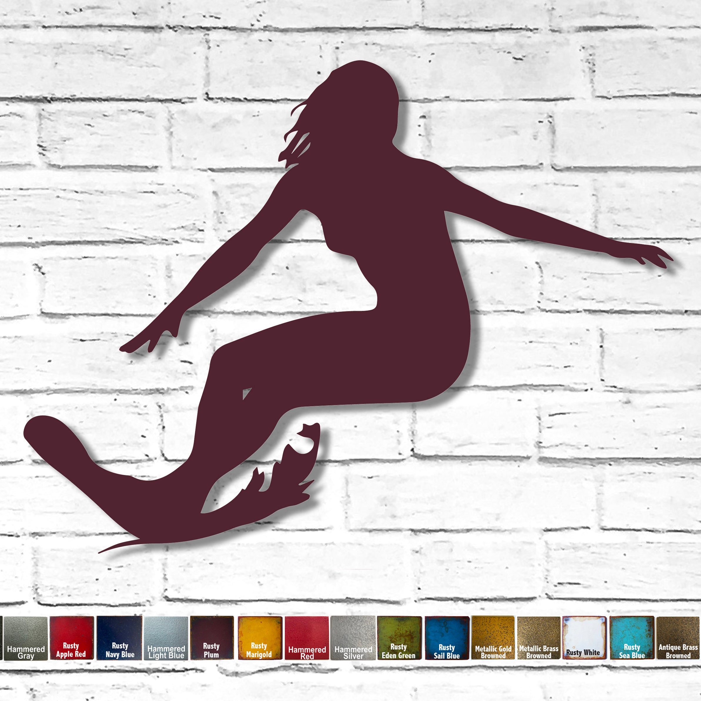 Female Surfer - Metal Wall Art Home Decor - Handmade in the USA - Choose 17", 24" or 36" Wide Choose your Patina Color - Free Ship