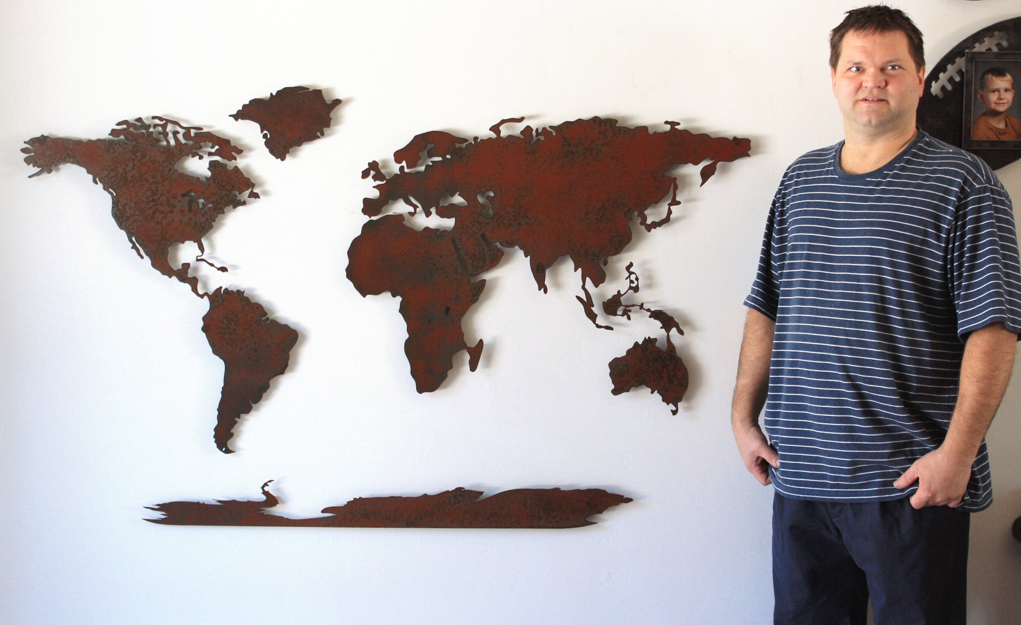 World Map "with" Antarctica - Metal Wall Art Home Decor - Handmade in the USA - Measures 40" wide x 24" tall - Choose your Patina Color - Free Ship
