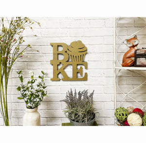 BAKE with Cupcake sign - Metal Wall Art Home Decor - Handmade in the USA - Choose 9", 12",  or 17" tall - Choose a Patina Color - Free Ship