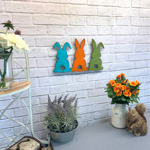 Bunnies - Three Multi-Color - Metal Wall Art Home Decor - Handmade in the USA - Measures 14" wide x 8.5" tall - Easter Decoration Bunny Rabbits