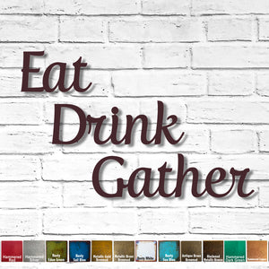 Eat Drink Gather - Metal Wall Art Home Decor - Made in the USA - Measures 56.5" wide x 35.6" tall when hung as shown - Finished in Rusty White - Free Ship