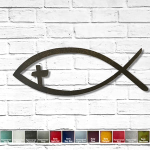 Jesus Fish with Cross Eye - Metal Wall Art Home Decor - Made in USA - Choose 42" or 46" wide - Choose your Patina Color