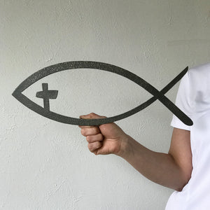 Jesus Fish with Cross Eye - Metal Wall Art Home Decor - Made in the USA - Choose 11", 17" or 23" Wide - Choose your Patina Color - Free Ship