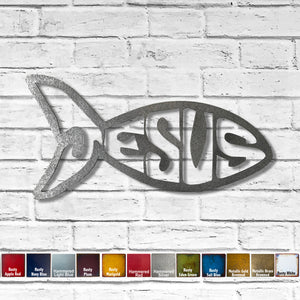 Jesus fish with Jesus text metal wall art home decor handmade by Functional Sculpture llc
