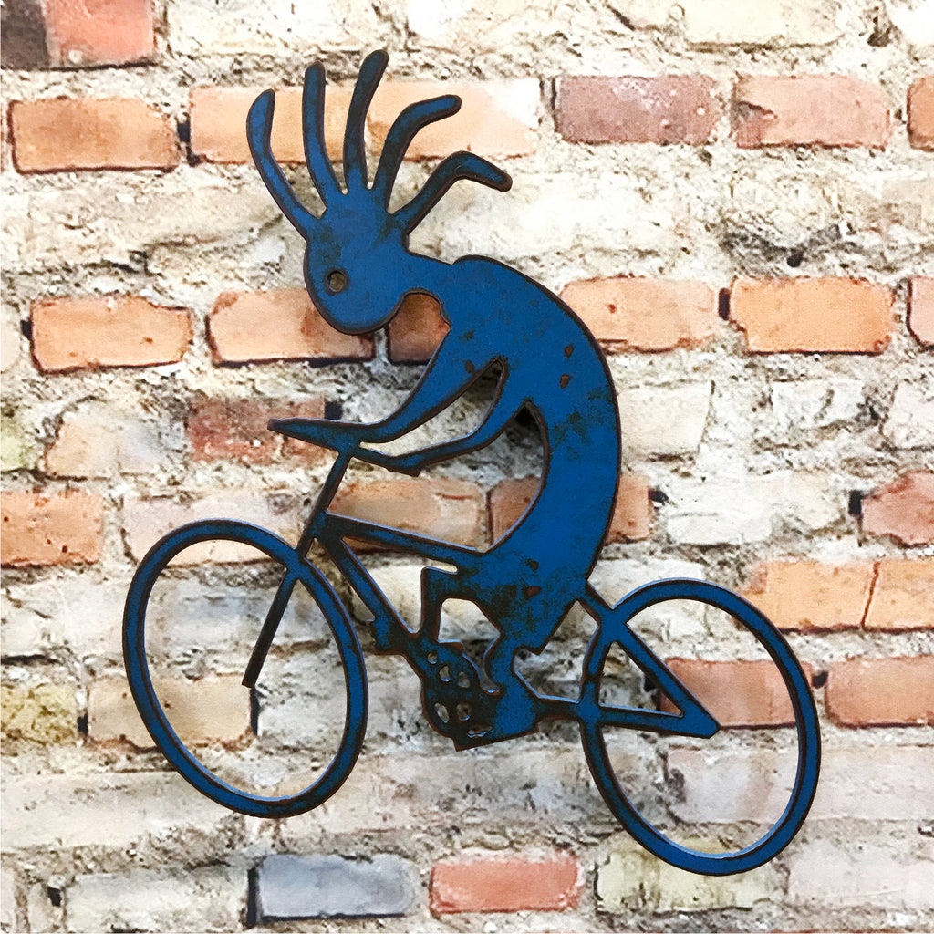Kokopelli on bike symbol metal wall art home decor handmade by Functional Sculpture llc