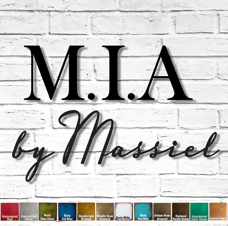 Custom Order - M. I. A. by Massiel - Finished in Hammered Gold - Metal Wall Art - KEYHOLE STANDOFFS on M. I. A.