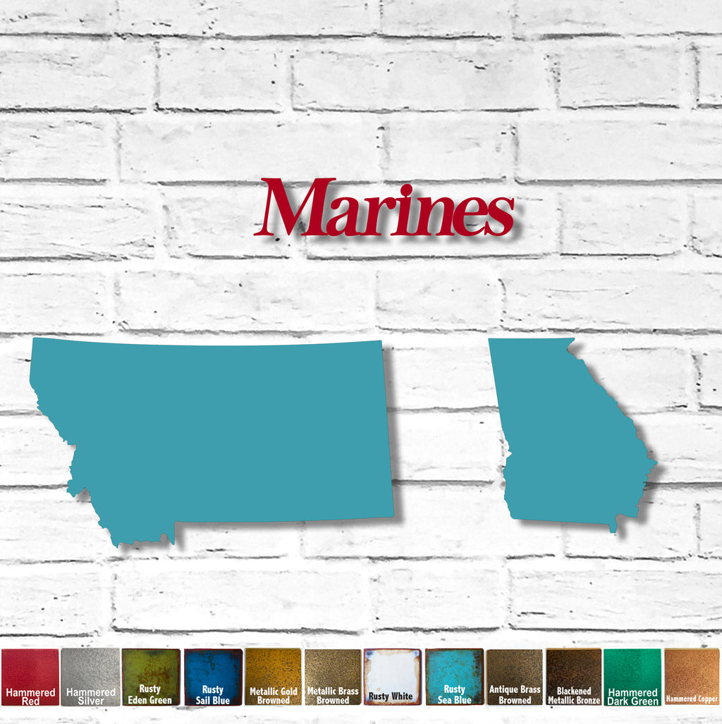 Marines sign 20" wide Rusty Apple Red, Montana 28" wide Rusty Sea Blue and Georgia 15" tall Rusty Sea Blue