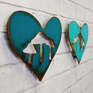 Two (2) Hearts with Mushroom Cutouts - Metal Wall Art Home Decor - Handmade in the USA - 6.5" wide - Choose your Patina Color - Free Ship