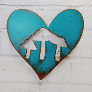 Two (2) Hearts with Mushroom Cutouts - Metal Wall Art Home Decor - Handmade in the USA - 6.5" wide - Choose your Patina Color - Free Ship