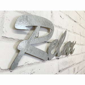 Relax Sign Brush Script - Metal Wall Art Home Decor - Handmade in the USA - Choose 17", 23" or 30" Wide - Choose a Patina Color - Free Ship