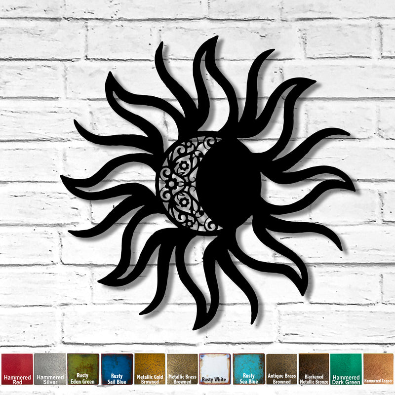 Sun with Moon Inset - Metal Wall Art Home Decor - Handmade in the USA - Choose 36" or 40", Choose your Patina Color - Free Ship