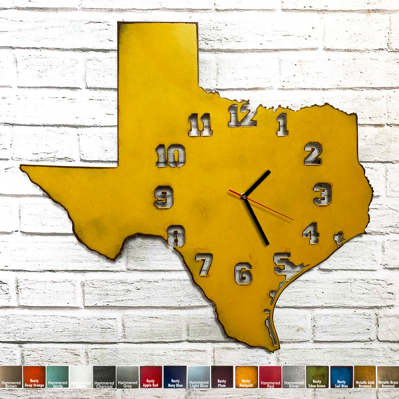 Texas Metal Wall Art Clock - Collegiate Numbers - Home Decor - Handmade in the USA - Choose 17" or 23" wide, Choose your Patina Color - Free Ship