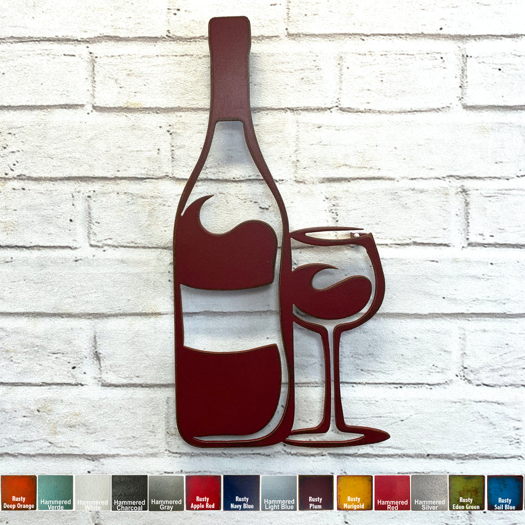 Wine Bottle and Glass - Metal Wall Art Home Decor - Handmade in the USA - Choose 11", 17" or 23" Tall - Choose your Patina Color - Free Ship