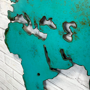 World Map "NO" Antarctica - Metal Wall Art Home Decor - Handmade in the USA - Choose 50", 60" or 72" Wide - Choose your Patina Color - Free Ship