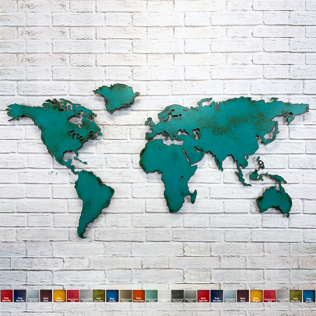 World map without Antarctica metal wall art home decor handmade by Functional Sculpture LLC